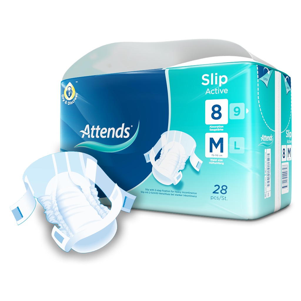 Inkontinenzslips von Attends in der Größe Medium, auf einem weißen Hintergrund präsentiert. Die Slips sind in einem modernen, aktiven Design gehalten und zeigen eine hygienische Protektion. Die seitlichen Teile sind elastisch, was für einen sicheren und bequemen Sitz sorgt. Auf der Vorderseite ist das Logo "Attends" gut sichtbar, während die insgesamt leichte und atmungsaktive Struktur der Produkte die Hautschonung betont. Die Slips sind ideal für aktive Nutzer, die verlässliche Inkontinenzlösung suchen.