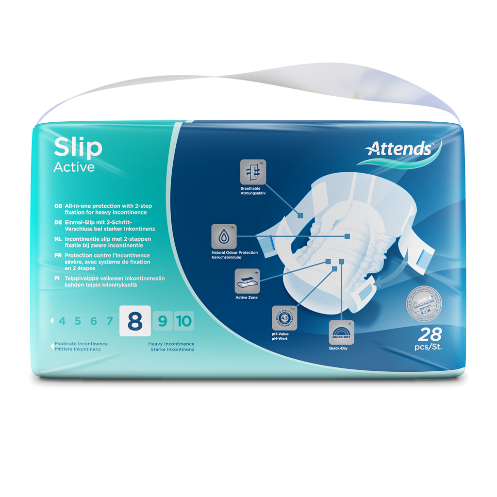 Produktbild der Attends Slip Active 8 in der Größe Medium. Die Inkontinenzslips sind in einem sanften Weißton gehalten und zeigen eine anatomisch geformte Passform. Die äußere Schicht ist atmungsaktiv und präsentiert sich mit einem leichten, texturierten Muster. Die Seitenteile sind elastisch und sorgen für einen sicheren Sitz, während die Absorptionszone im Inneren für optimalen Schutz sorgt.