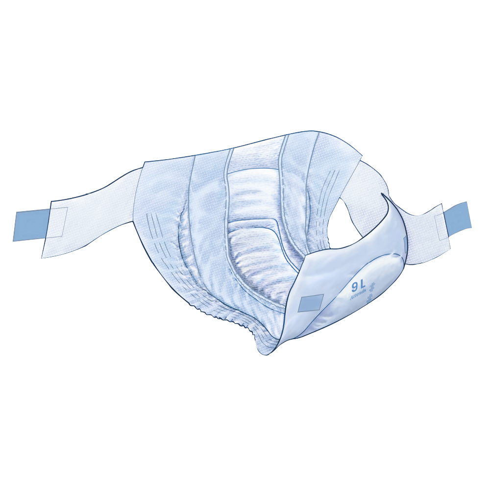 Weißer Einweg-Inkontinenzslip für Erwachsene, in der Größe Large. Der Slip zeigt eine atmungsaktive Oberfläche und elastische Bündchen an den Beinen für optimalen Sitz. Die Vorderseite ist mit einer sanften, blauen Farbgebung und einem dezenten, symmetrischen Design versehen. Sichtbare, strukturierte Zonen sorgen für zusätzliche Saugfähigkeit und Sicherheit. Das Produkt ist in einer Packung dargestellt, die den Markennamen "Attends" sowie die Produktbezeichnung "Slip Active" zeigt.