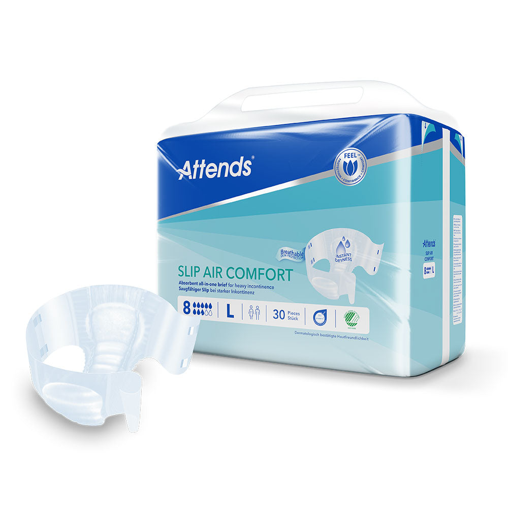 Frontalansicht einer Packung Attends Slip Air Comfort 8 L. Davor ein einzeln entnommener Slip.