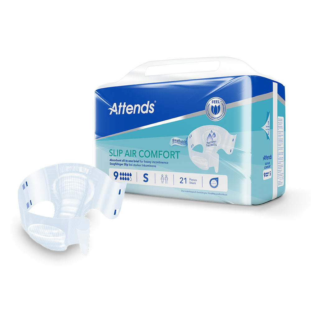 Frontalansicht einer Packung Attends Slip Air Comfort 9 S. Davor ein einzeln entnommener Slip.