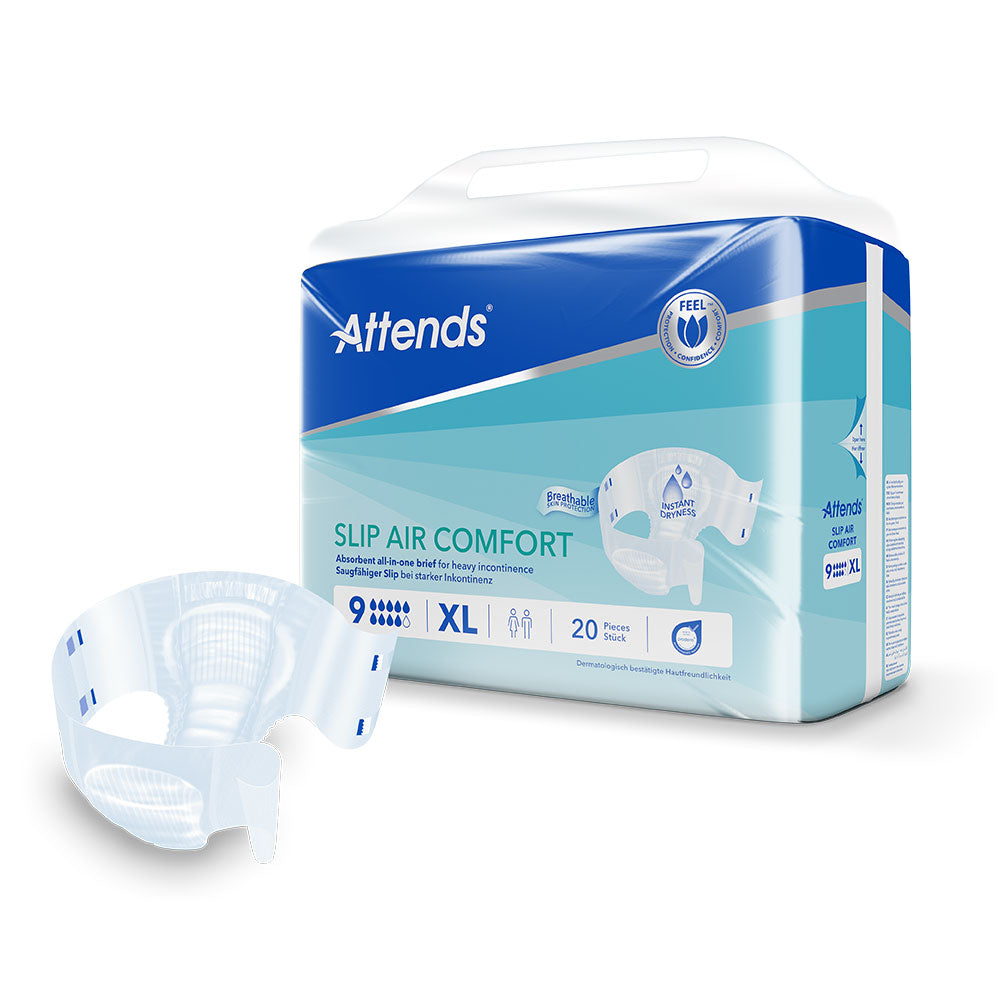 Frontalansicht einer Packung Attends Slip Air Comfort 9 XL. Davor ein einzeln entnommener Slip.