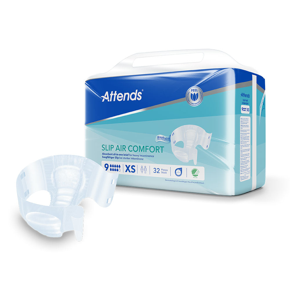 Frontalansicht einer Packung Attends Slip Air Comfort 9 XS. Davor ein einzeln entnommener Slip.