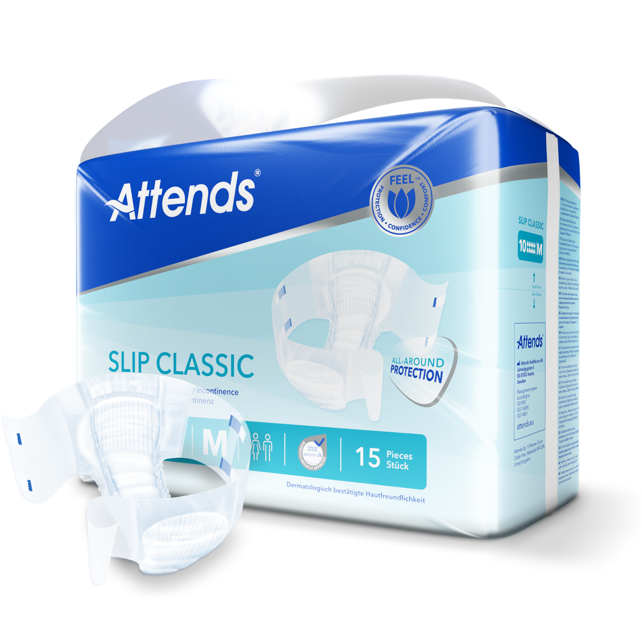 Alt-Text: Ein Produktbild von Attends Slip Classic 10, Medium Inkontinenzslips. Die dünnen, weißen Slip-Designs sind auf einem hellen Hintergrund angeordnet und in einem offenen Zustand dargestellt. Zu sehen sind elastische Beinausschnitte und ein komfortabler, atmungsaktiver Bund. Auf der Verpackung sind Informationen zur Größe und zum Produkttyp abgebildet. Die Slips sind speziell für die Inkontinenzversorgung konzipiert und betonen sowohl den Komfort als auch die Funktionalität.