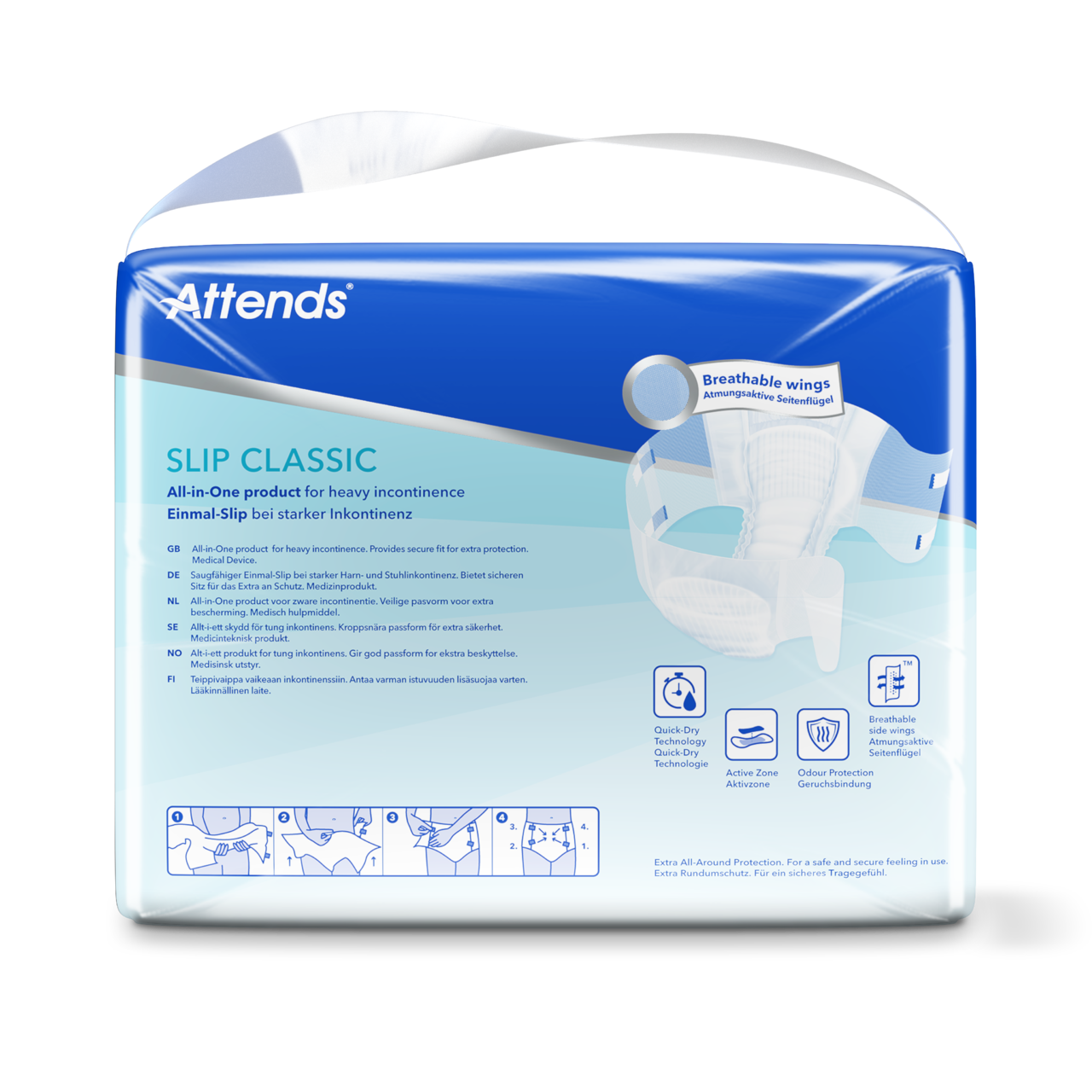 Inkontinenzslips "Attends Slip Classic 10 XL" in einer Packung. Die Verpackung ist in hellem Blau gehalten und zeigt das Produktmotiv auf der Vorderseite. Die Abbildung zeigt die Slips, die eine anatomische Form, elastische Bündchen und eine hohe Saugfähigkeit haben. Das Produkt ist für Erwachsene in großen Größen gedacht und bietet bei Inkontinenz Sicherheit und Komfort. Auf der Verpackung sind Informationen zu den Eigenschaften und der Größe der Slips gut lesbar.