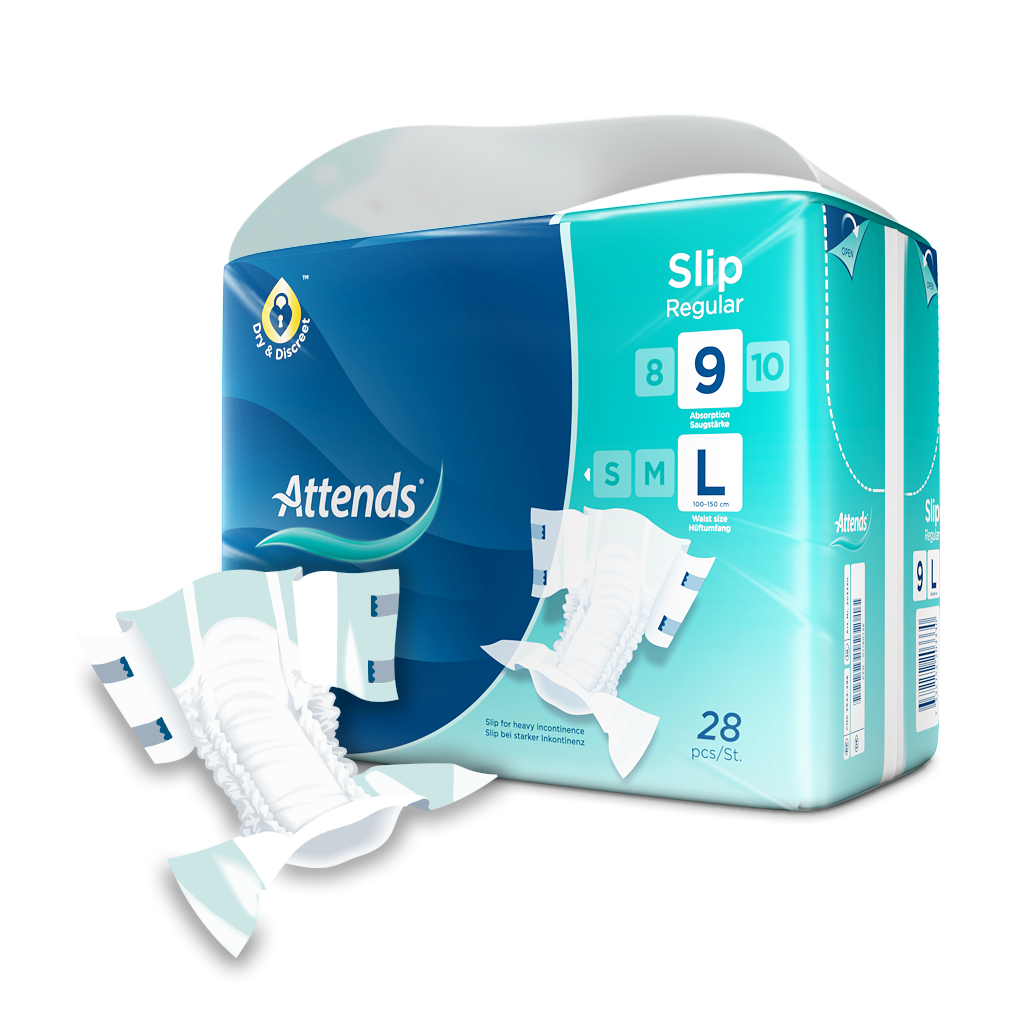 Attends Slip Regular 9 in Größe Large ist ein Inkontinenzslip für Erwachsene, der für optimale Saugfähigkeit und Sicherheit sorgt. Das Produkt ist weiß und hat eine anatomische Form, die eine bequeme Passform gewährleistet. Durch elastische Bündchen an den Beinen und der Taille wird ein auslaufsicherer Schutz gewährleistet. Die Oberfläche ist weich und atmungsaktiv, um Hautirritationen zu vermeiden.