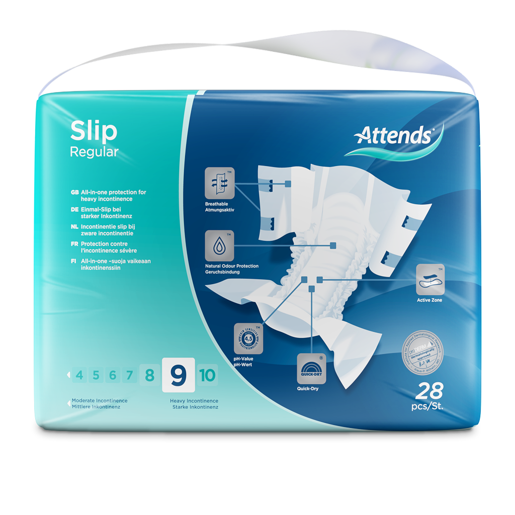 Einpackung von Attends Slip Regular 9, Innnenansicht und Vorderansicht. Die Inkontinenzslips sind in der Größe L (Large) erhältlich, erkennen an ihrem weißen, leicht glänzenden Material und den elastischen Bündchen an den Beinen und der Taille. Auf der Vorderseite sind mehrere Bäume als grafisches Element abgebildet. Diese Slips bieten hohen Schutz und sind für Personen mit mittlerer bis schwerer Inkontinenz geeignet. Die Verpackung zeigt die Produktbezeichnung klar und deutlich.
