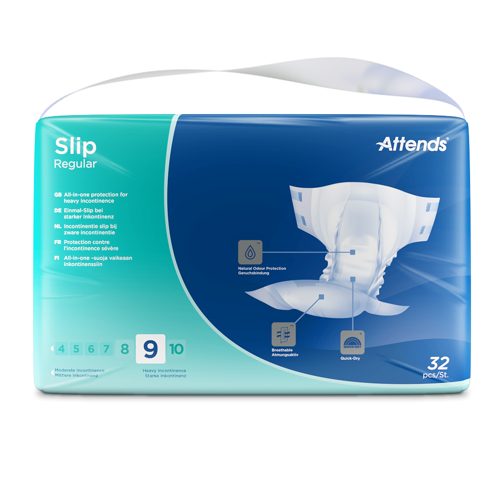 Alt-Text: Produkttitel: Attends Slip Regular 9 XS – Inkontinenzslips. Das Bild zeigt eine Packung mit fünf Inkontinenzslips in einem hellen Design. Die Slips sind in einer transparenten Verpackung und wirken weich und atmungsaktiv. Die Vorderseite der Packung zeigt klare grafische Elemente und Produktinformationen in verschiedenen Sprachen. Es ist deutlich erkennbar, dass es sich um Inkontinenzprodukte für eine angenehme Nutzung handelt.