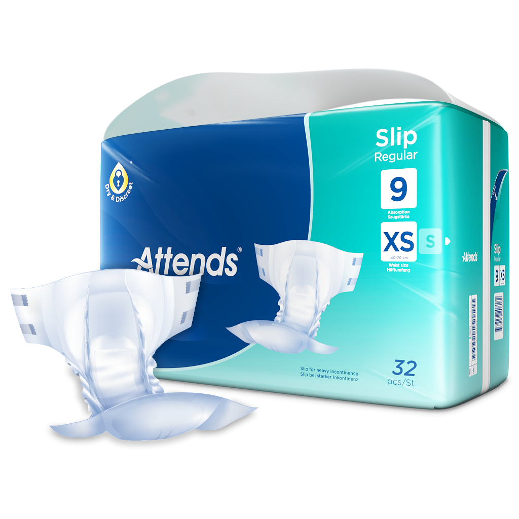 Alt-Text: Auf dem Bild sind Attends Slip Regular 9 XS Inkontinenzslips abgebildet. Die Verpackung ist in Weiß und Blau gehalten und zeigt mehrere Slipelemente, die zu einer effektiven Inkontinenzversorgung dienen. Die Produkte sind auf einem neutralen Hintergrund angeordnet, und die Vorderseite der Verpackung hebt die Größe „XS“ sowie die Eigenschaften der Slipelemente hervor.