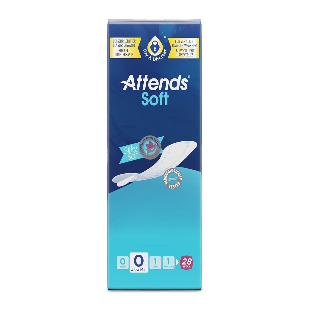 Produktbild einer Inkontinenzeinlage der Marke Attends Soft Ultra Mini. Die Einlage ist klein und hat eine dünne, flexible Form, die auf einem weißen Hintergrund präsentiert wird. Die Struktur zeigt eine weiche Oberfläche mit einem blauen Marker, der auf die dünne und saugfähige Beschaffenheit hinweist. Das Produkt wird durch seine hygienische Verpackung ergänzt, mit deutlich sichtbarem Markenlogo. Die Einlage ist für maximale Diskretion und Komfort konzipiert, geeignet für leichte bis mittlere Inkontinenz.
