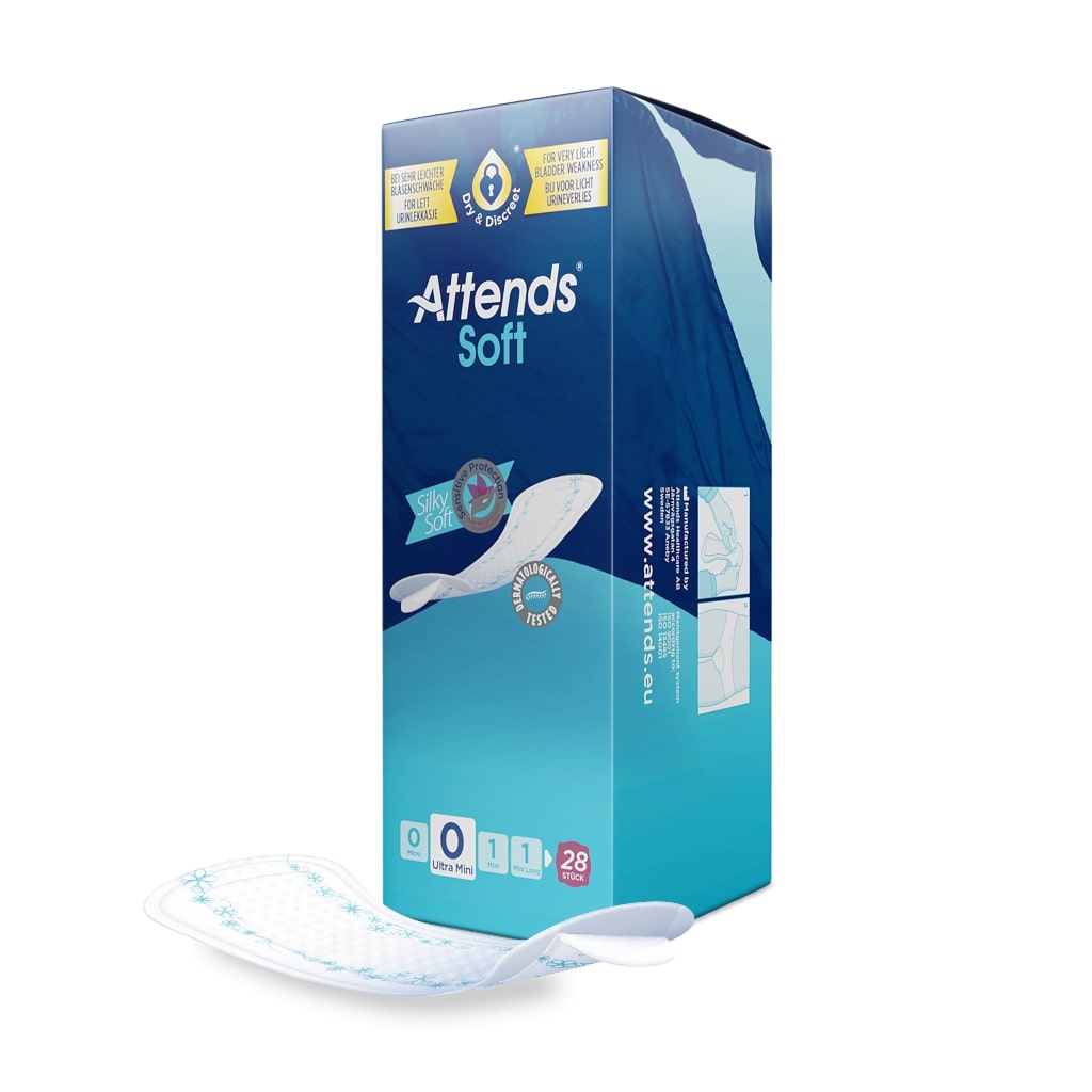 Das Bild zeigt eine Packung der Attends Soft 0 Ultra Mini Inkontinenzeinlagen. Die Verpackung ist überwiegend in Blau und Weiß gehalten, mit einer klaren Abbildung des Produkts auf der Vorderseite. Oben links befindet sich das Attends-Logo, gefolgt von der Produktbezeichnung "Soft 0 Ultra Mini" in großen, leserlichen Buchstaben. Auf der rechten Seite sind Symbole abgebildet, die auf die Diskretion und den Komfort der Einlagen hinweisen.