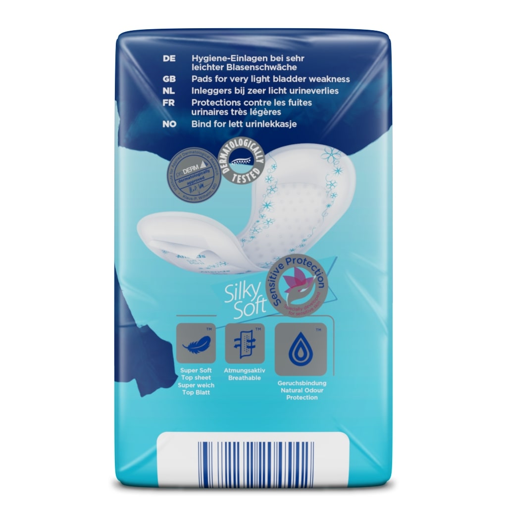 Das Bild zeigt eine Packung „Attends Soft 1 Mini“ Inkontinenzeinlagen. Die Verpackung hat ein modernes Design mit einem sanften Farbverlauf in Aqua- und Weißtönen. Oben links ist das Produktlogo gut sichtbar, darunter steht „Attends Soft 1 Mini“ in klaren, lesbaren Buchstaben. Die Einlagen selbst sind im Hintergrund teilweise abgebildet und zeigen die diskrète, flache Form. Das Bild vermittelt einen Eindruck von Hygiene und Komfort, ideal für die Verwendung in einem Gesundheits- oder Pflegekontext.