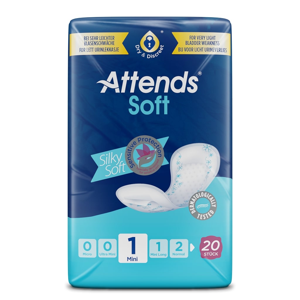 Produktbild eines Pakets mit Attends Soft 1 Mini Inkontinenzeinlagen. Das Paket zeigt eine helle, ansprechende Farbgestaltung in den Haupttönen Weiß und Grün, mit einem klaren, gut lesbaren Markennamen „Attends“ und dem Modellnamen „Soft 1 Mini“. Die Einlagen sind für leichte Inkontinenz konzipiert. Im Hintergrund ist ein dezentes Muster zu erkennen. Die Verpackung präsentiert sich in einer handlichen, rechteckigen Form mit einem Sichtfenster, das die Einlagen anzeigt.