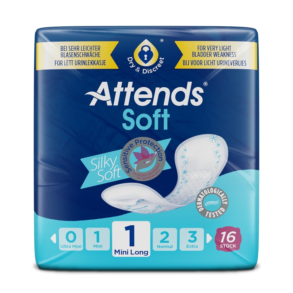 Ein Produktbild zeigt die Attends Soft 1 Mini Long Inkontinenzeinlagen. Die Verpackung ist aus Kunststoff und präsentiert ein schlichtes, modernes Design in sanften Farben. Auf der Vorderseite ist der Markenname "Attends" deutlich sichtbar, zusammen mit der Produktbezeichnung "Soft 1 Mini Long". Inkontinenzeinlagen sind abgebildet, die in einer transparenten Darstellung leicht voneinander getrennt sind. Die Einlagen wirken weich und flexibel, was auf hohen Tragekomfort hindeutet.