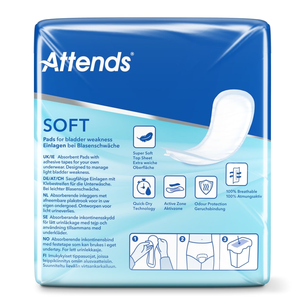 Attends Soft 2 Normal Inkontinenzeinlagen, Verpackung mit 30 Stück, auf weißem Hintergrund. Die Einlagen sind in einem dezenten, hellblauen Design gehalten und bieten eine diskrete, sichere Lösung für Inkontinenz. Die Verpackung zeigt ein Produktfoto mit einem klaren, leicht verständlichen Branding. Zusätzlich sind wichtige Informationen wie die Größe und die Absorptionseigenschaften auf der Vorderseite abgedruckt, welche die Vorteile der Einlagen hervorheben.