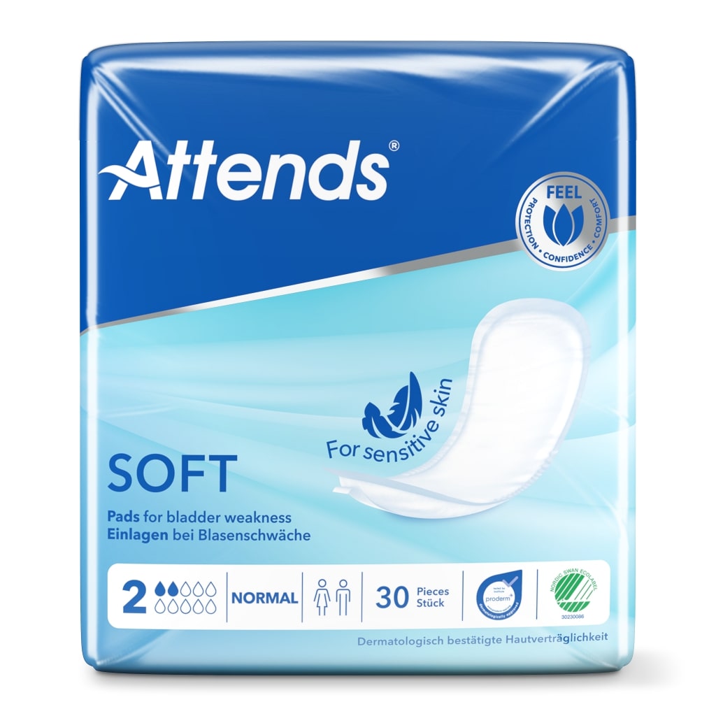 Produktbild der Attends Soft 2 Normal Inkontinenzeinlagen, verpackt in einem 30er Pack. Die Packung hat ein ansprechendes Design mit klaren, leserlichen Informationen über das Produkt. Die Inkontinenzeinlagen sind auf dem Bild in einer hellen, freundlich wirkenden Umgebung dargestellt, die die Sanftheit und Zuverlässigkeit der Produkte betont. Das Bild hebt die Qualität der Materialien sowie die Diskretion der Einlagen hervor, was das Vertrauen der Kunden in die Marke stärkt.
