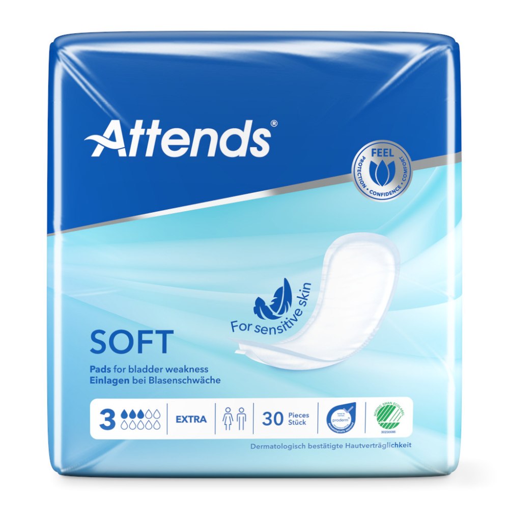 Alt-Text: Produktbild der Attends Soft 3 Extra Inkontinenzeinlagen im 30er-Pack. Die Verpackung zeigt eine helle, freundliche Farbgestaltung mit dem Markenlogo "Attends" prominent sichtbar. Auf der Vorderseite sind die Produktbezeichnung und Details zur Saugstärke abgebildet. Die Einlagen selbst sind in einer geschützten Verpackung verpackt, die den Inhalt sichtbar macht. Die Verpackung ist praktisch und leicht zu handhaben, ideal für den täglichen Gebrauch.