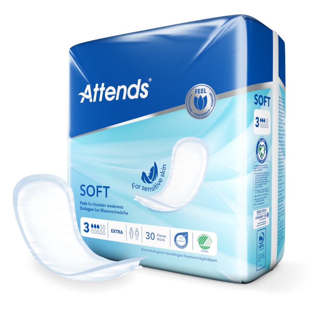 Alt-Text: Produktabbildung eines 30er Packs Attends Soft 3 Extra Inkontinenzeinlagen auf weißem Hintergrund. Die Verpackung zeigt ein ansprechendes Design mit der Aufschrift „Attends Soft 3 Extra“ in blauen und grünen Farben. Die Einlagen sind in einem einzelnen Sichtfenster sichtbar, was ihre weiche Textur und Form hervorhebt. Es sind Informationen zu den Eigenschaften und Vorteilen der Einlagen zu sehen, darunter Bequemlichkeit und Saugfähigkeit, sowie Hinweise zur Anwendung.
