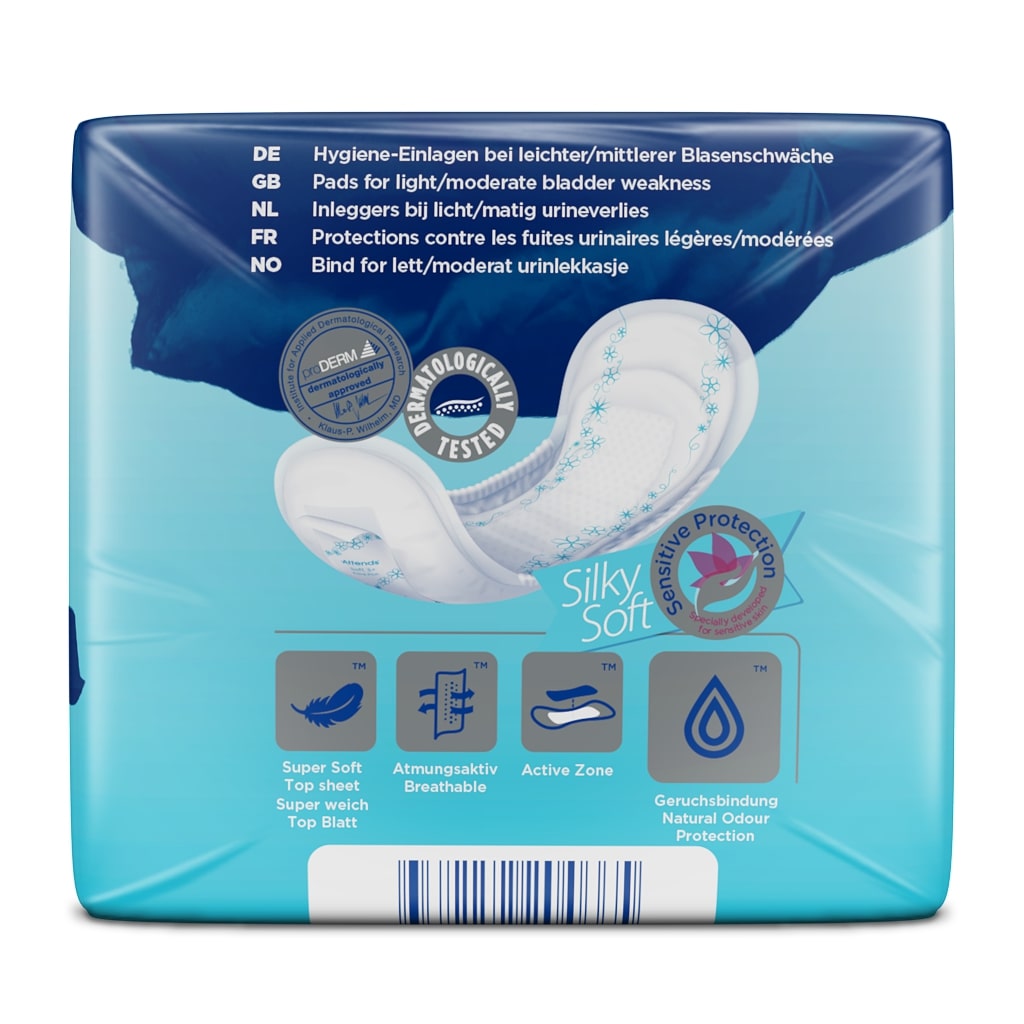 Ein Bild zeigt die Verpackung von Attends Soft 3 Extra Plus Inkontinenzeinlagen. Die Verpackung ist in einem sanften Blau gehalten und enthält die Abbildung eines lächelnden älteren Paares, das ihre Lebensqualität genießen. Darunter befinden sich die Produktbezeichnungen und wichtige Informationen zur Anwendung und Größe der Einlagen. Die Inkontinenzeinlagen sind speziell für hohen Schutz und Komfort konzipiert.