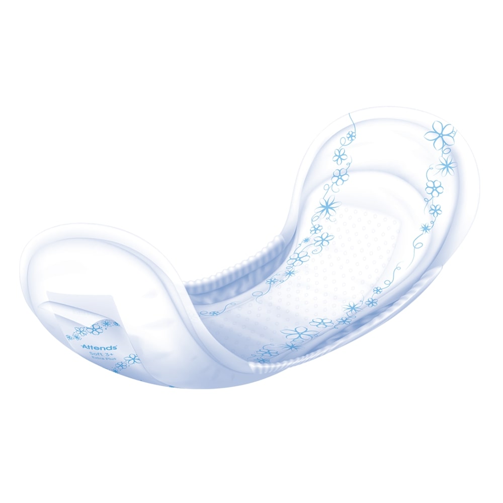 Alt-Text: Das Bild zeigt eine Packung Attends Soft 3 Extra Plus Inkontinenzeinlagen. Die Verpackung hat ein hellesDesign mit einer Abbildung der Einlagen auf der Vorderseite. Dies verdeutlicht die weiche und saugfähige Textur der Einlagen. Die Schriftzüge auf der Verpackung betonen die Extra Plus Saugfähigkeit und die gesundheitlichen Vorteile. Im Hintergrund ist ein neutraler, weißer Farbton zu sehen, der das Produkt hervorhebt.