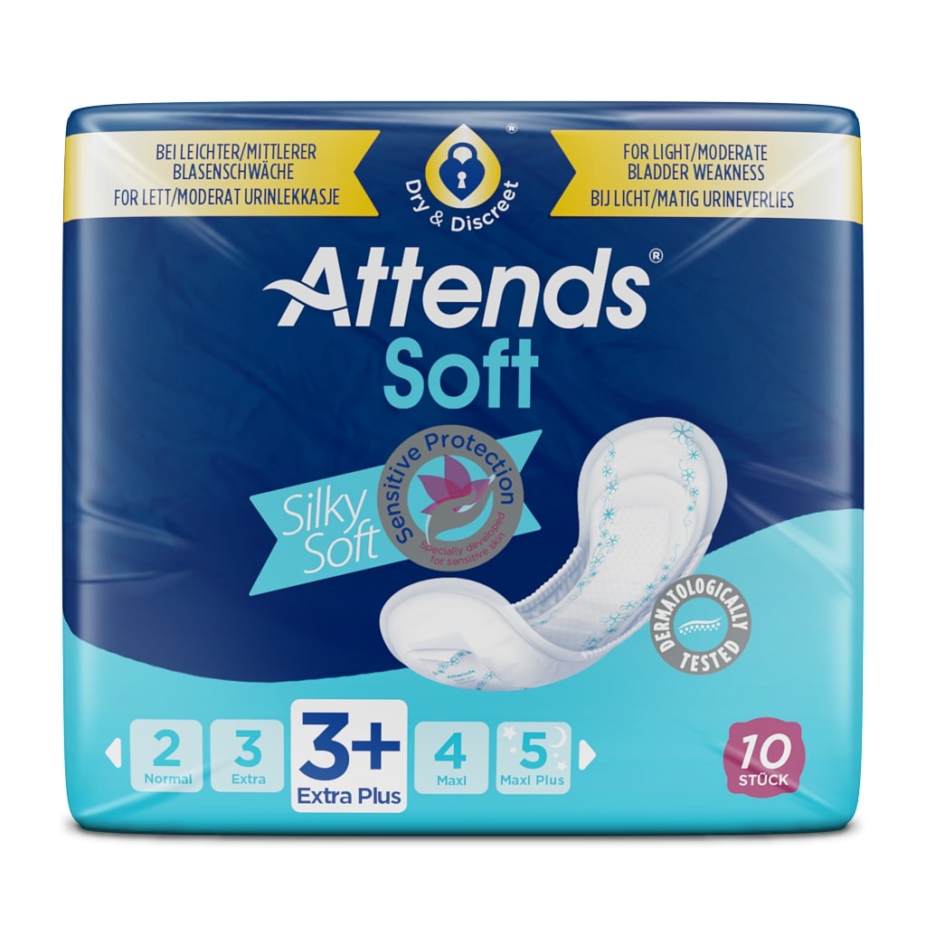 Ein Paket mit Attends Soft 3 Extra Plus Inkontinenzeinlagen ist abgebildet. Die Verpackung ist überwiegend in sanften Farben gehalten, mit einem klaren, deutlichen Logo des Herstellers. Auf der Vorderseite sind die Produktbezeichnung und verschiedene Informationen zu den Vorteilen der Einlagen hervorgehoben. Die Einlagen selbst sind dezent und unauffällig gestaltet, um Komfort und Diskretion zu gewährleisten. Im Hintergrund ist eine helle, neutrale Oberfläche sichtbar.