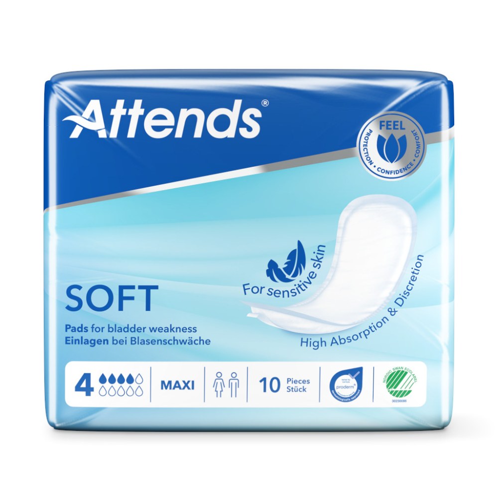 Weißer, gepolsterter Inkontinenzeinlagenpack mit der Bezeichnung „Attends Soft 4 Maxi“ auf der Vorderseite. Das Produkt ist in einem blauen und grünen Farbdesign gehalten, das von einem sanften Muster umgeben ist. Eine klare Abbildung der Einlagen selbst ist sichtbar, die eine weiche, saugfähige Textur zeigen. Auf der Verpackung sind die Eigenschaften der Einlagen, wie „Maxi“ für starken Schutz und die Anzahl von 10 Stück im Pack, in einem gut lesbaren Schriftzug dargestellt.