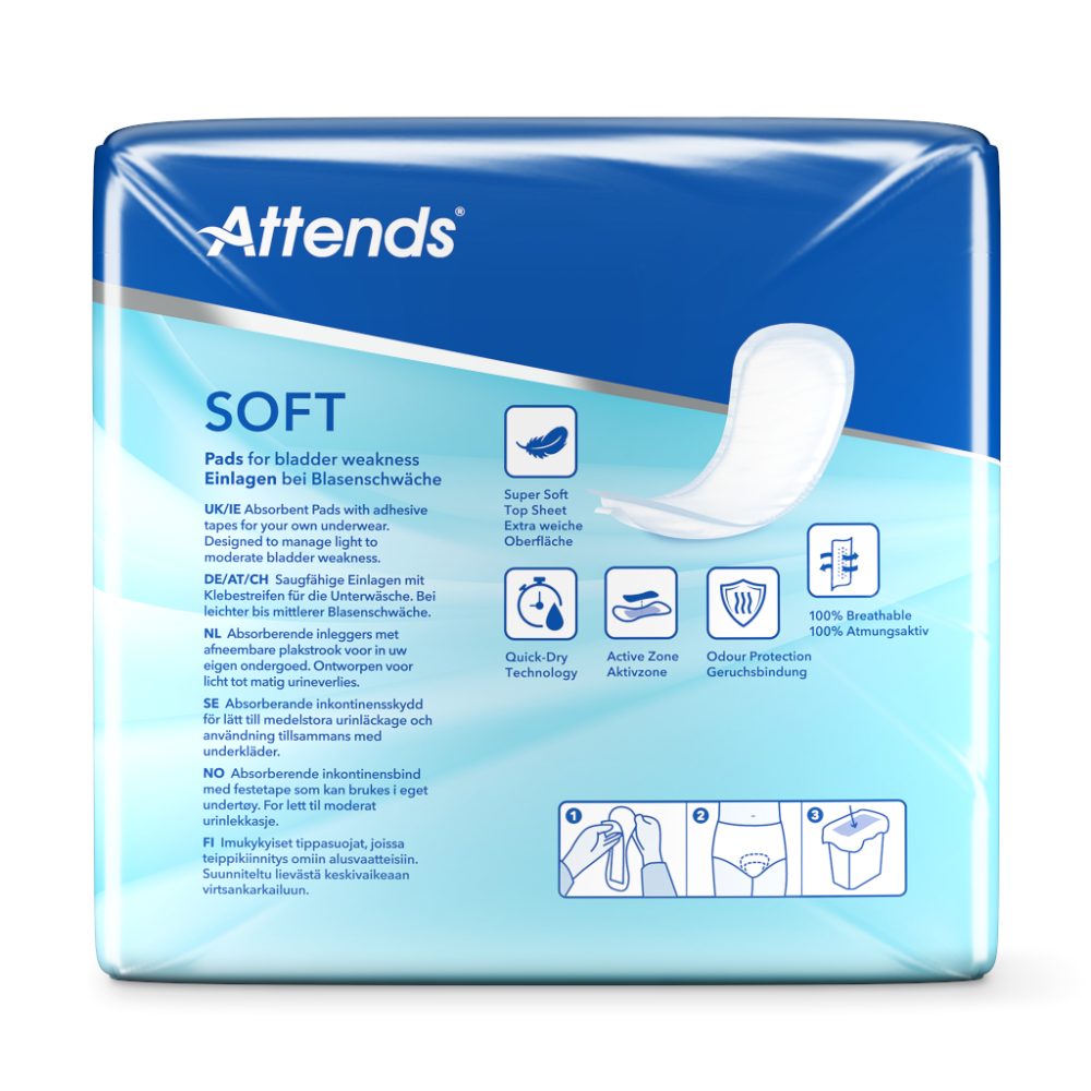 Rückseite Attends Soft 4 Super Verpackung mit Produktmerkmalen: Quick-Dry, Geruchsschutz, atmungsaktiv