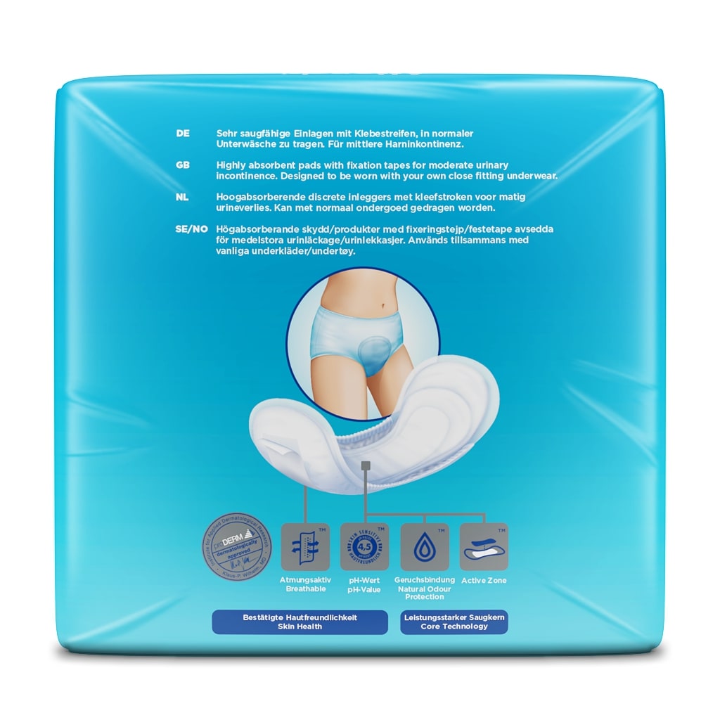 Alt-Text: Das Bild zeigt eine Packung von Attends Soft 4 Super Inkontinenzeinlagen. Die Verpackung ist überwiegend in Blau und Weiß gehalten und zeigt das Produkt mit klaren Grafiken und den wichtigsten Informationen. Zu erkennen sind die Größe und absorbierenden Eigenschaften der Einlagen, die für hohe Sicherheit sorgen. Zudem sind Symbole abgebildet, die auf das angenehme Tragegefühl und die Hautfreundlichkeit hinweisen.