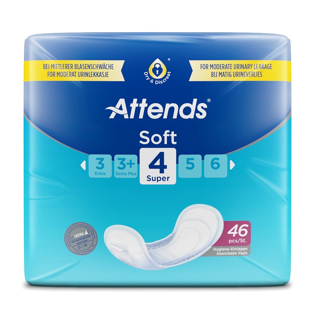 Alt-Text: "Das Produktbild zeigt eine Packung Attends Soft 4 Super Inkontinenzeinlagen, die in einem weißen und blauen Design präsentiert wird. Die Vorderseite der Verpackung zeigt den Markennamen 'Attends' in großen Buchstaben, gefolgt von der Produktbezeichnung 'Soft 4 Super' und Hinweisen zur Verwendung bei mittlerer bis schwerer Inkontinenz. Ein grafisches Symbol auf der Verpackung kennzeichnet die Saugfähigkeit.
