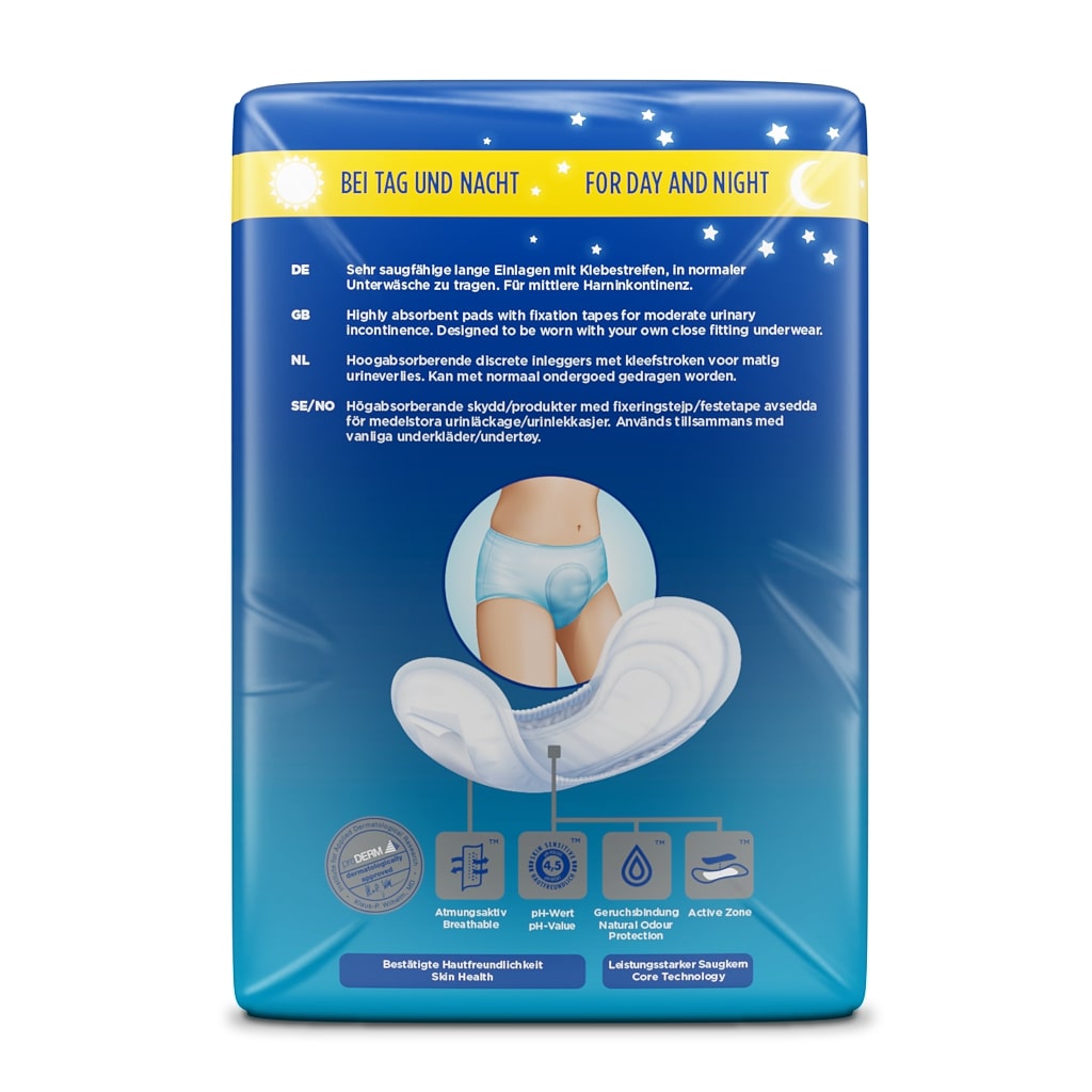 Inkontinenzeinlagen von Attends Soft mit einer weichen und atmungsaktiven Oberfläche. Die Einlagen sind in einer weißen Farbe gehalten und haben eine anatomische Form, die eine bessere Anpassung an den Körper ermöglicht. Die Polsterung ist dick und bietet einen hohen Schutz gegen Auslaufen, während die seitlichen Ränder elastisch sind. Auf der Verpackung sind klare Angaben zur Produktbezeichnung und Größe abgebildet.