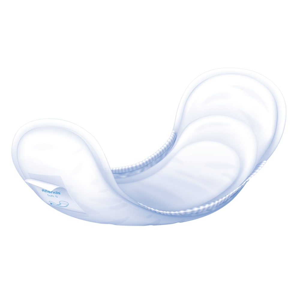 Produktbild einer Packung Attends Soft 5 Inkontinenzeinlagen. Die Packung ist überwiegend in einem sanften Blau gehalten, mit einem klaren Etikett, das die Produktbezeichnung und die Anzahl der Einlagen zeigt. Oben rechts ist ein grüner Hinweis auf die weiche und bequeme Materialbeschaffenheit. Das Design ist einfach und ansprechend, mit gut lesbarer Schrift. Im Hintergrund sind sanfte, zarte Farben zu sehen, die eine beruhigende Atmosphäre schaffen.