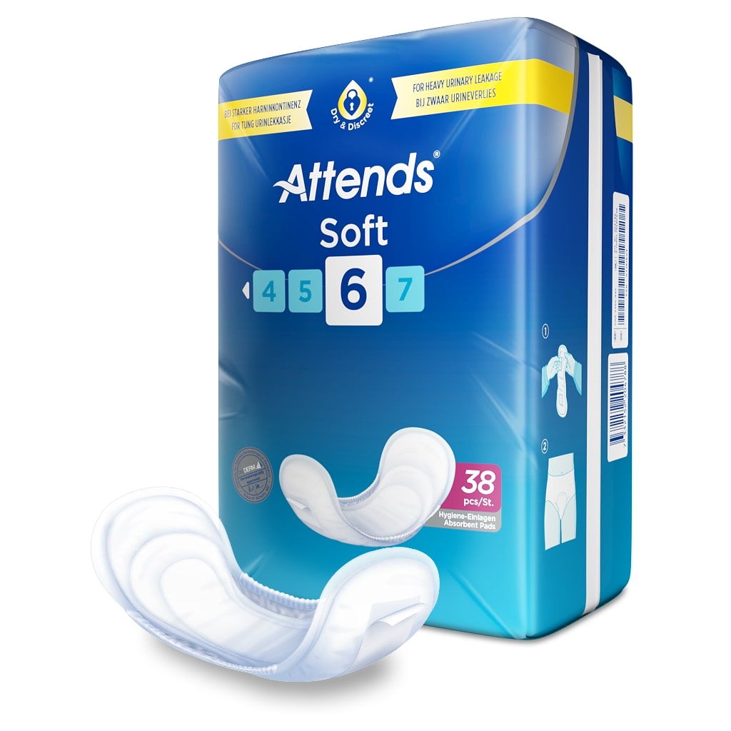 Attends Soft 6 Einlagen für Inkontinenz, abgebildet auf einem weißen Hintergrund. Die Einlagen sind in einer offenen Verpackung zu sehen, die farbenfroh gestaltet ist und das Produktdesign hervorhebt. Die Einlagen selbst sind weich und dünn, mit einer anpassungsfähigen Form für hohen Komfort. Sie bieten eine hohe Absorptionsfähigkeit und sind für leichte bis mittlere Inkontinenz geeignet.