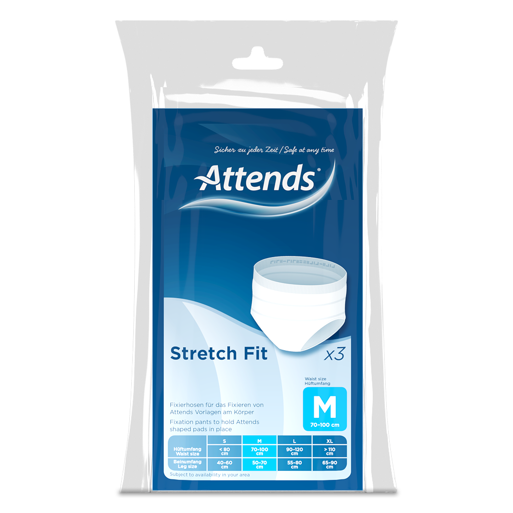 Bild von Attends Stretch Fit Fixierhosen in der Größe Medium. Die Hosen sind weiß und aus einem atmungsaktiven, elastischen Material gefertigt, wodurch sie eine bequeme Passform bieten. Sie sind mit einem elastischen Bund ausgestattet, der für zusätzlichen Halt sorgt. Auf der Vorderseite sind markante Nähte zu erkennen, die zur Stabilität beitragen. Im Hintergrund ist ein neutraler, heller Farbton zu sehen, der das Produkt hervorhebt.