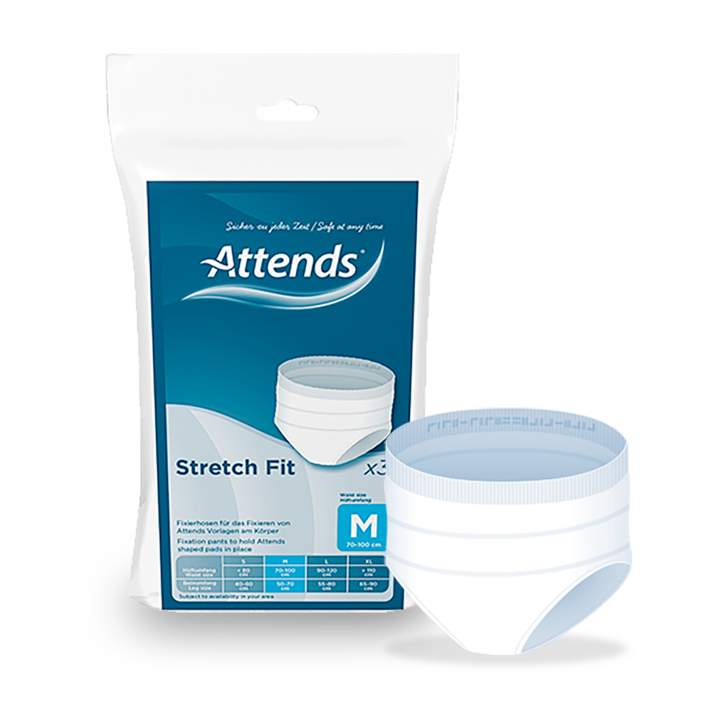 Alt-Text: Auf dem Bild sind Attends Stretch Fit Fixierhosen in der Größe Medium abgebildet. Die Hosen sind in einem hellen, sanften Blau gestaltet und zeigen eine bewegliche, dehnbare Textur, die Komfort und Anpassungsfähigkeit symbolisiert. Der Fokus liegt auf dem elastischen Bund und den seitlichen Nähten, die für eine optimale Passform sorgen. Im Hintergrund ist ein neutraler, heller Untergrund zu sehen, der die Fixierhosen hervorhebt.