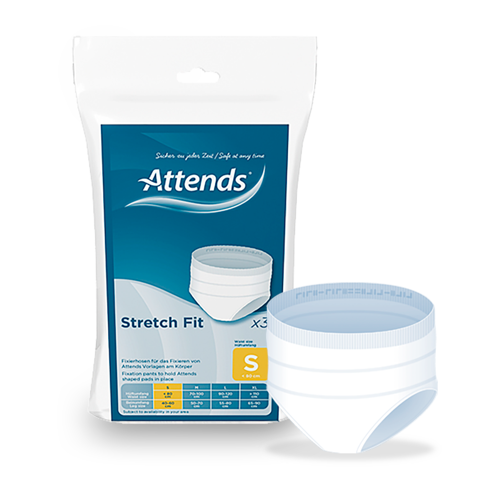 Helles Produktbild von Attends Stretch Fit Fixierhosen in der Größe S. Die Hosen sind in einer weißen, leicht transparenten Farbe dargestellt, mit elastischem Bündchen und mehreren seitlichen Öffnungen. Sie sind auf einem weißem Hintergrund platziert, um die Details und die Struktur der Hose hervorzuheben. Die Fixierhosen sind ideal für die Verwendung mit Inkontinenzprodukten und bieten eine bequeme Passform.