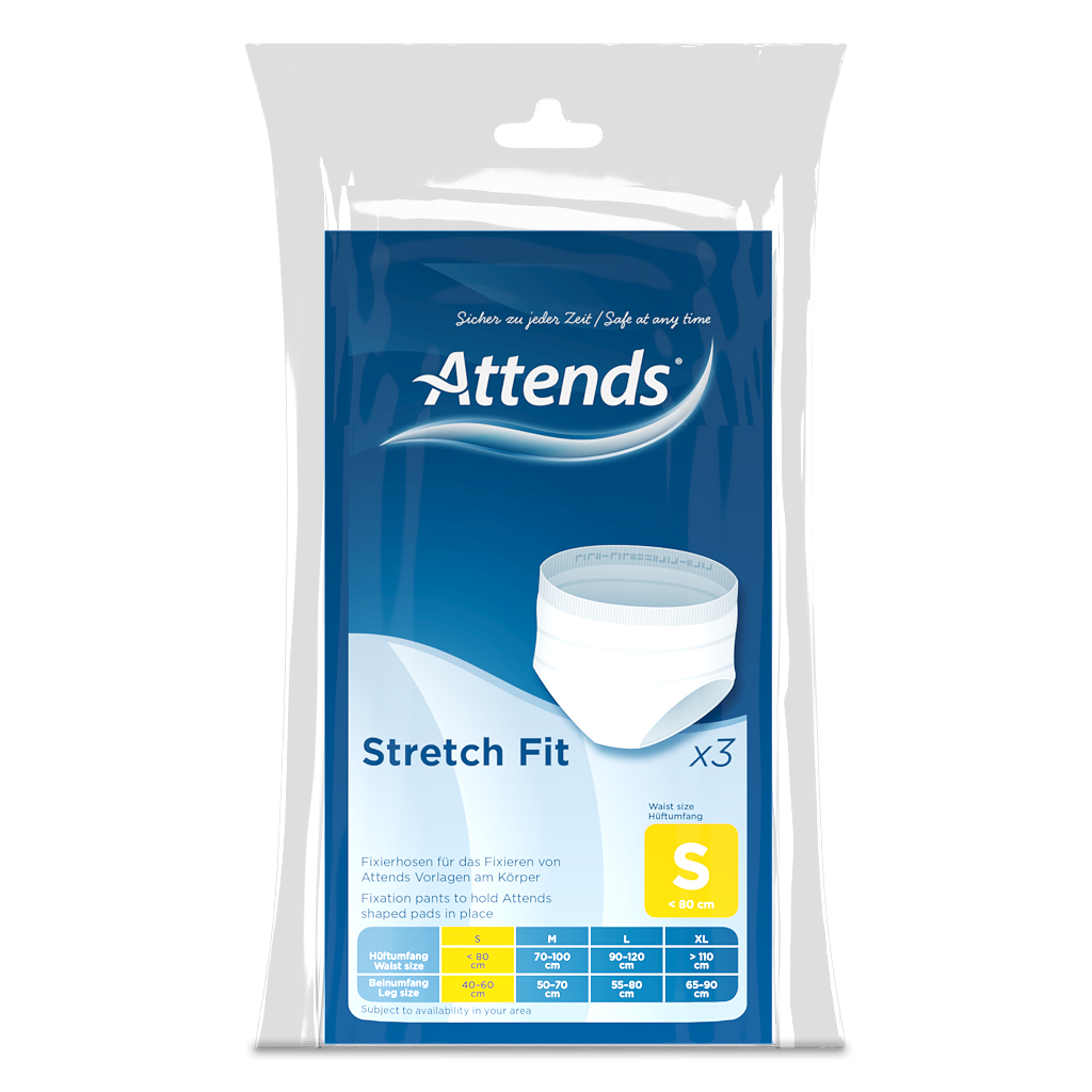 Ein Paket mit Attends Stretch Fit Fixierhosen in der Größe Small, platziert auf einem weißen Hintergrund. Das Produkt ist in einer transparenten Verpackung sichtbar, die die Hosen zeigt. Die Verpackung präsentiert das Logo von Attends und enthält Textinformationen zu den Eigenschaften der Hosen, wie Flexibilität und Komfort. Die Fixierhosen sind in sanften Farben gehalten, die auf die Benutzerfreundlichkeit hinweisen. Ideal für Personen, die Unterstützung und Schutz benötigen.