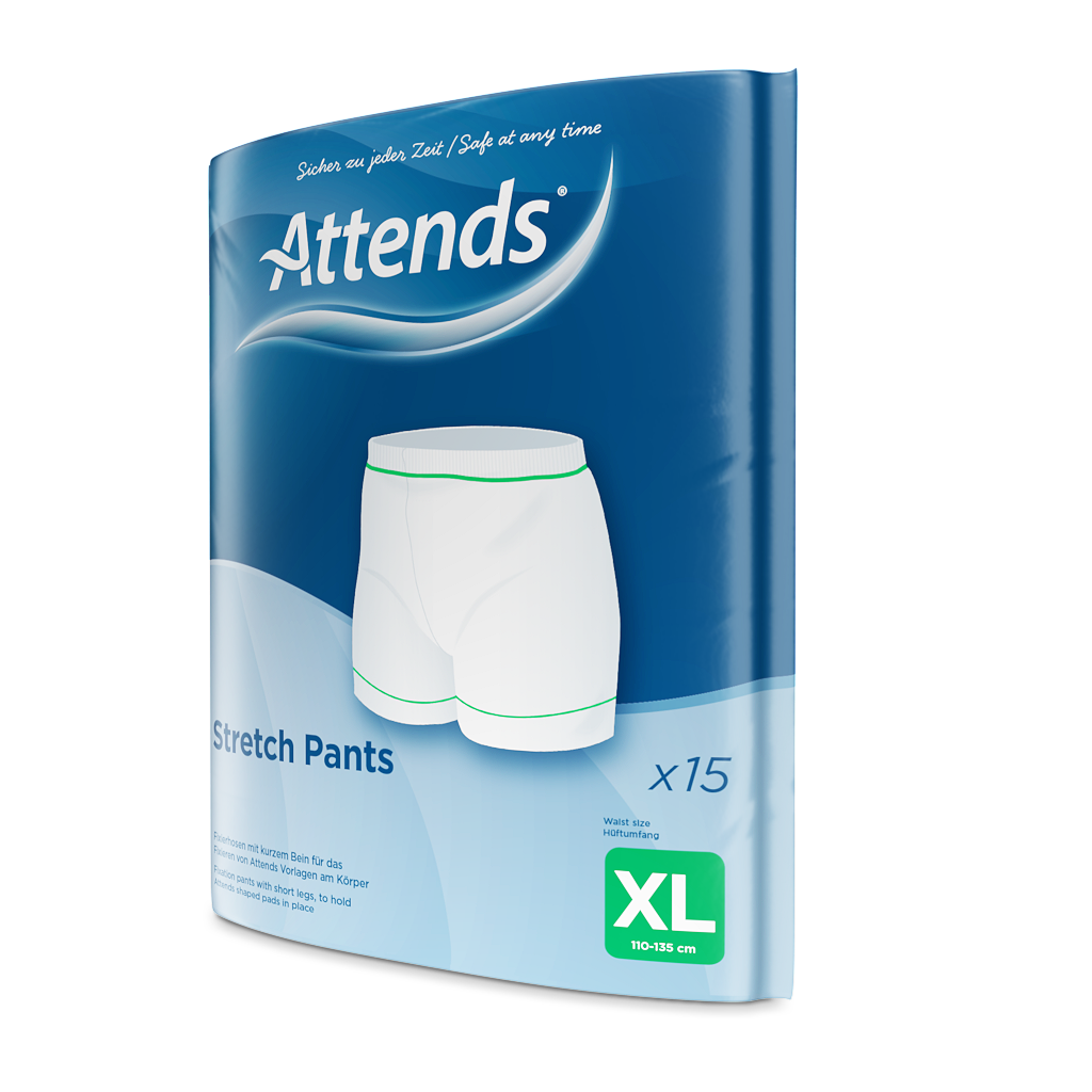 Ein Paar Attends Stretch-Pants in der Größe XL, dargestellt auf einem weißen Hintergrund. Die Hosen sind hellblau und bestehen aus einem elastischen Material. Die Vorderseite zeigt einen elastischen Bund, der für zusätzlichen Komfort sorgt. Die Beinöffnung ist weiter geschnitten, was eine einfache An- und Ausziehbarkeit ermöglicht. Diese Inkontinenzhosen sind speziell für eine diskrete und sichere Nutzung konzipiert. Der Stoff wirkt weich und angenehm auf der Haut, ideal für den täglichen Gebrauch.