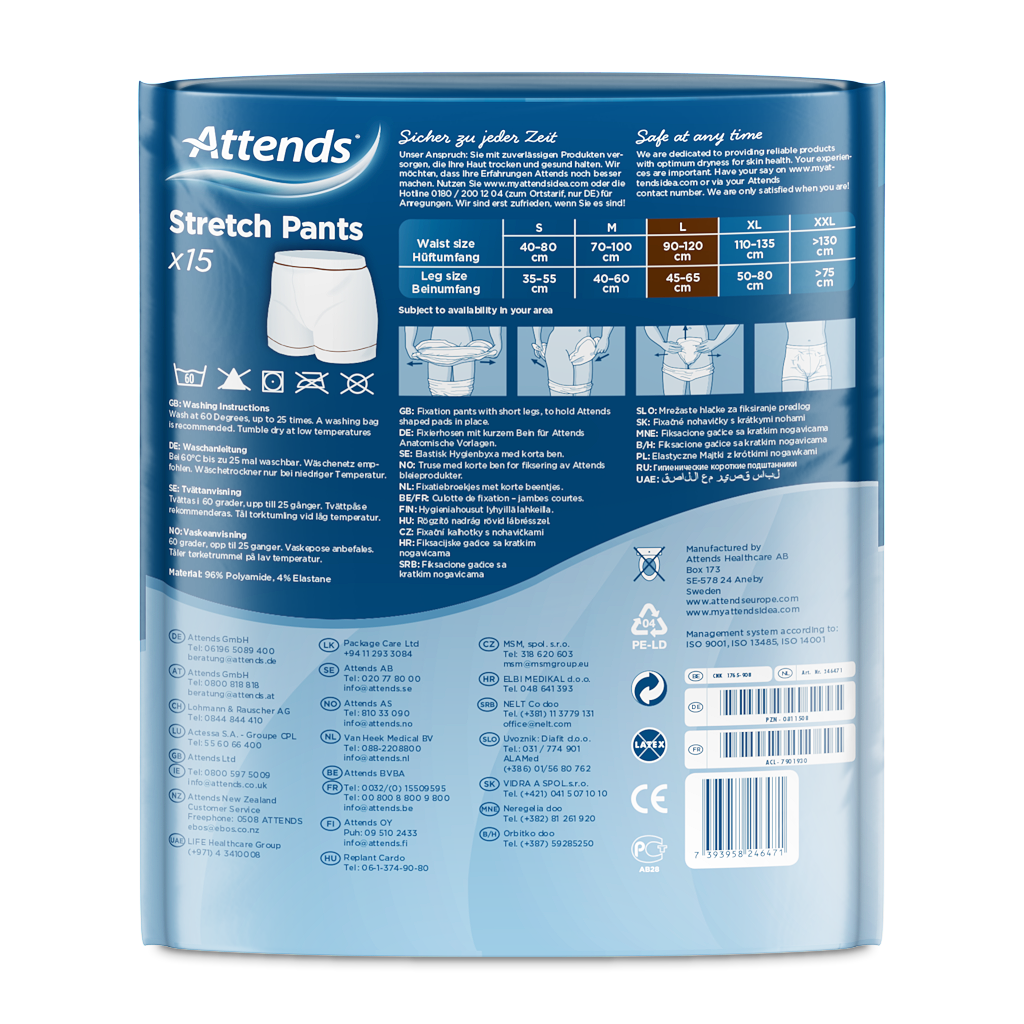 Bild eines Produkts, das Attends Stretch Pants in Größe L zeigt. Die Fixierhosen sind aus einem elastischen, atmungsaktiven Material gefertigt und präsentieren sich in einer weißen Farbgebung. Die Oberseite zeigt eine dehnbare Taille, die für eine bequeme und flexible Anpassung sorgt. Die Hosen haben einen unkomplizierten, schlichten Schnitt, der sowohl für Männer als auch Frauen geeignet ist. Sie sind für den Gebrauch in der Inkontinenzversorgung konzipiert und bieten sowohl Sicherheit als auch Komfort.