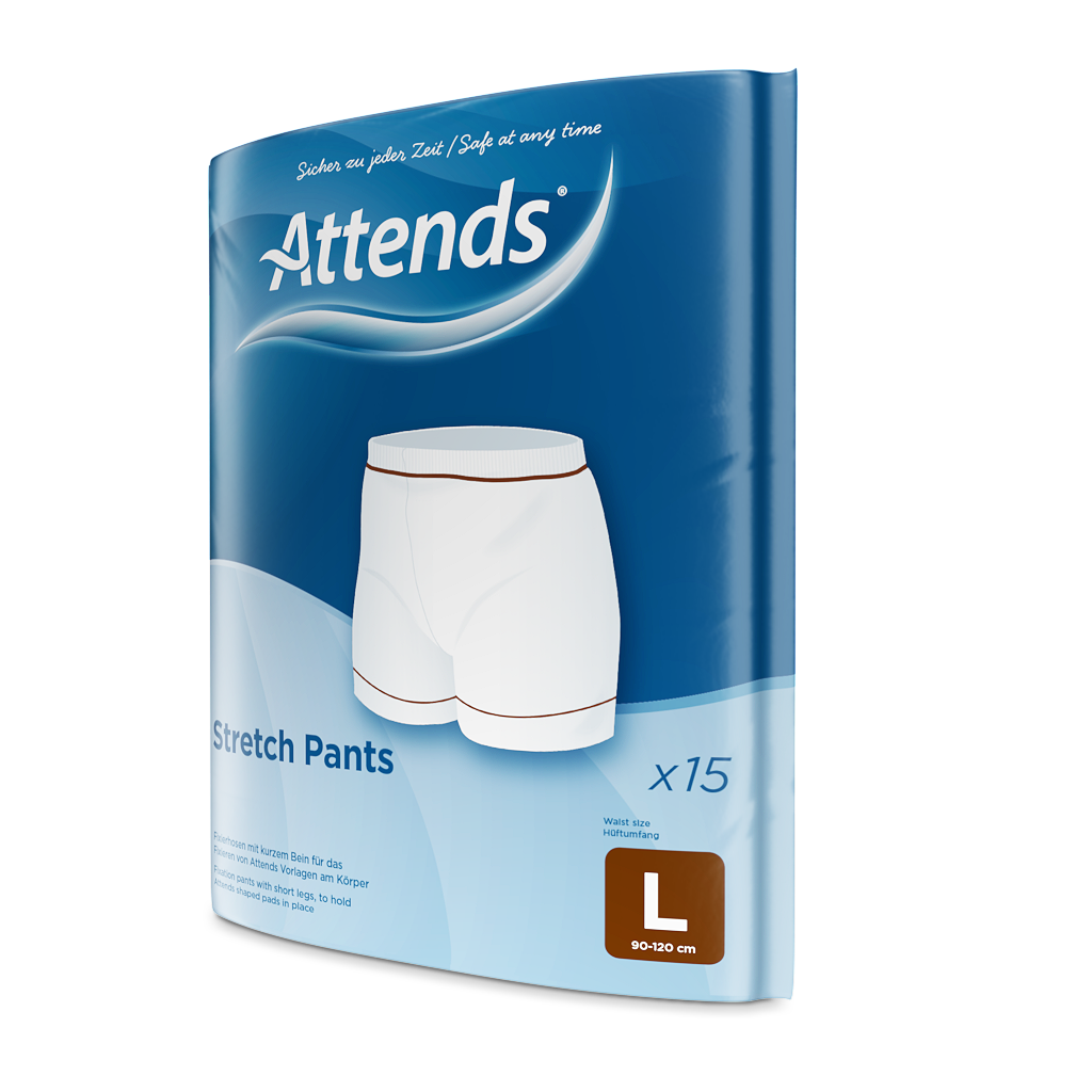 Das Bild zeigt eine Packung von Attends Stretch Pants in Größe Large. Die Fixierhosen sind für Erwachsene konzipiert und bieten einen hohen Komfort. Die Verpackung ist transparent und erlaubt einen Blick auf die elastischen Hosen, die in einem sanften Blau gehalten sind. Die Vorderseite der Packung zeigt den Produktnamen sowie Informationen zu den Vorteilen der Hosen, wie z.B. Atmungsaktivität und eine bequeme Passform. Im Hintergrund ist ein neutraler, heller Farbton zu sehen, der die Hosen hervorhebt.