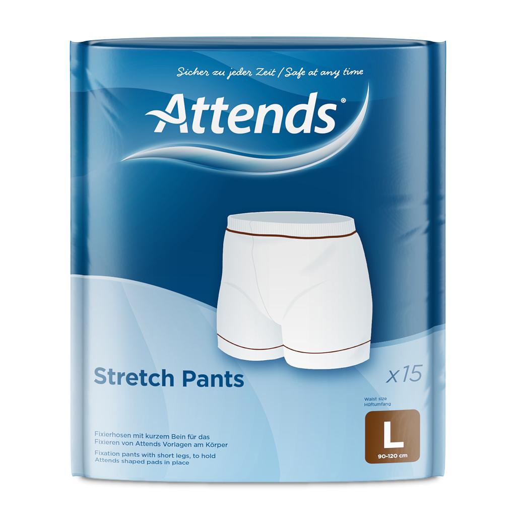 Ein Paket mit Attends Stretch-Hosen in der Größe Large wird gezeigt. Die Fixierhosen sind in einem neutralen Farbton gehalten, um ihre Unauffälligkeit zu gewährleisten. Das Produkt ist für eine bequeme Anpassung und geräuschloses Tragen konzipiert. Auf der Verpackung sind Informationen zur Größe und Pflegehinweise abgebildet. Im Hintergrund ist ein neutraler, unscharfer Untergrund zu sehen, der nicht vom Hauptprodukt ablenkt.