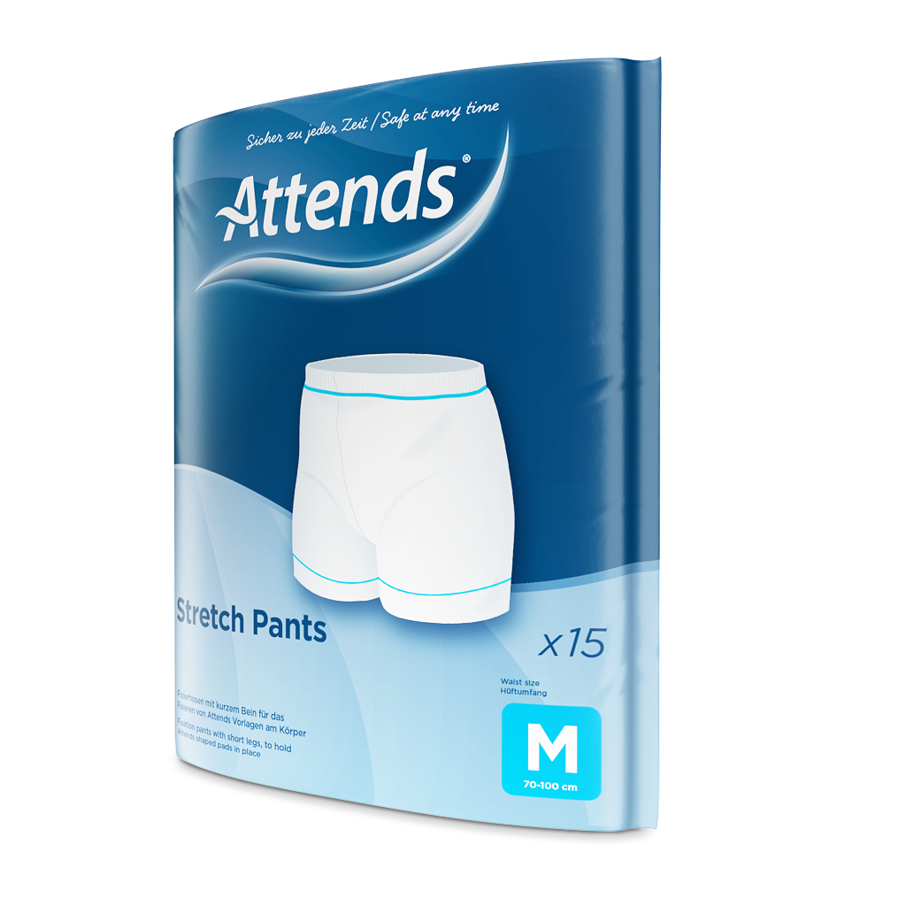 Bild zeigt eine Packung von Attends Stretch Pants in der Größe Medium, die auf einem weißen Hintergrund präsentiert wird. Die Fixierhosen sind in verschiedenen Farben abgebildet, wobei die Hauptfarbe ein sanftes Blau ist. Die Verpackung zeigt ansprechende Grafiken und Schriftzüge, die die Hauptmerkmale hervorheben. Die Hosen sind für Erwachsene konzipiert und bieten Komfort und Sicherheit.