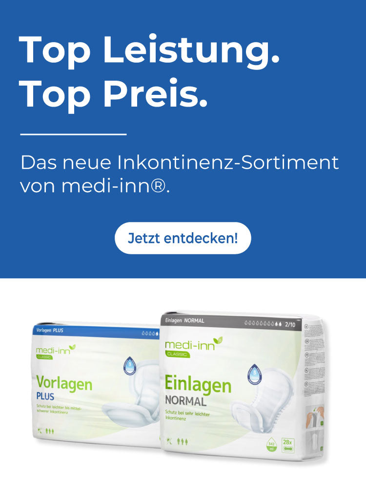 Das Bild zeigt eine ansprechende Produktpräsentation für das Sortiment von Medi Inn. Im Vordergrund sind verschiedene medizinische Produkte wie Kompressionsstrümpfe, Bandagen und Orthesen sichtbar, die in klaren Farben und unterschiedlichen Größen angeordnet sind. Der Hintergrund ist hell und neutral, um die Produkte hervorzuheben. Zusätzlich sind etliche Verpackungen zu sehen, die die Vielfalt des Sortiments unterstreichen.
