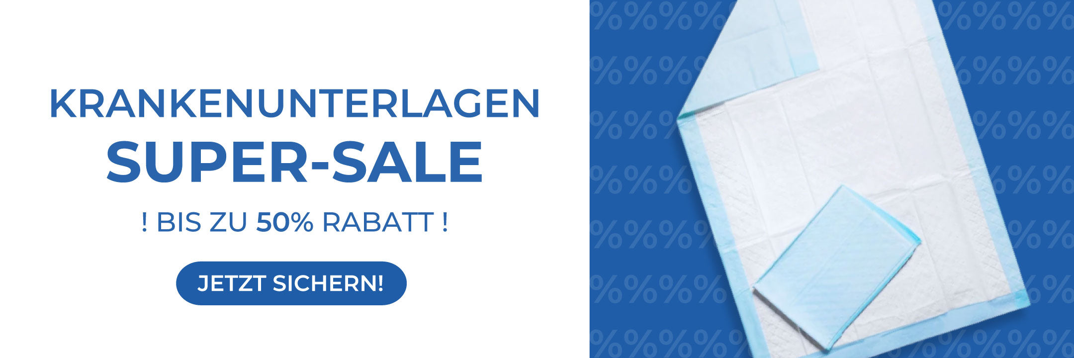Banner Medi-Inn Krankenunterlagen. Links ist zu lesen, dass es bis zu 50 % Rabatt gibt, rechts ist eine Krankenunterlage zu sehen.