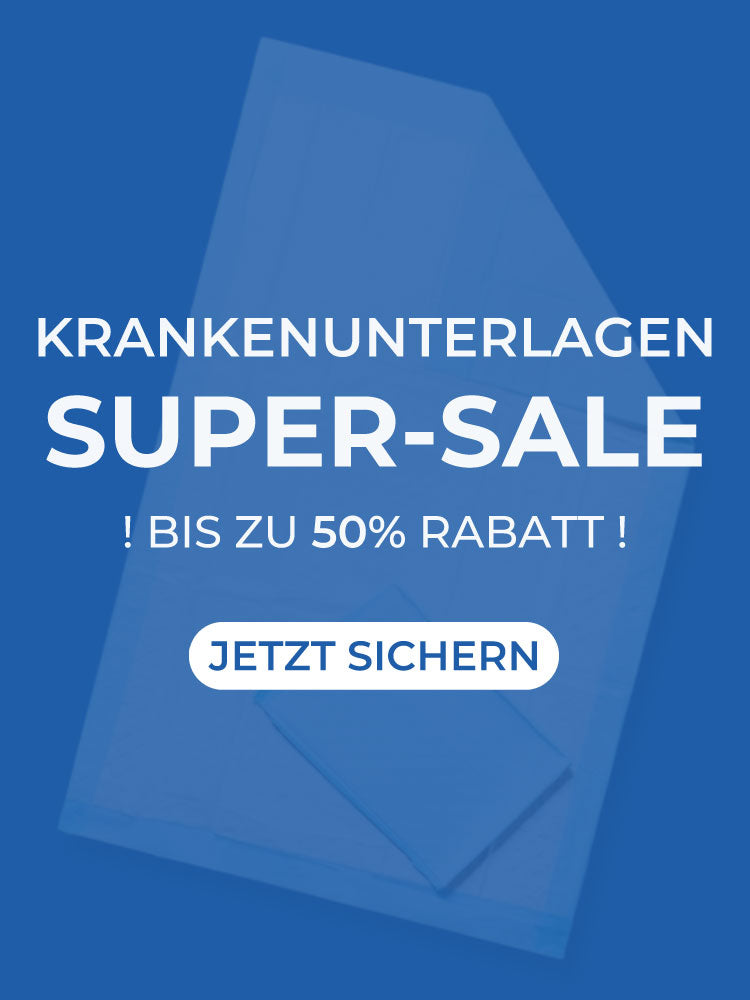 Banner Medi-Inn Krankenunterlagen. Es ist zu lesen, dass es bis zu 50 % Rabatt gibt, im Hintergrund ist eine Krankenunterlage zu sehen.