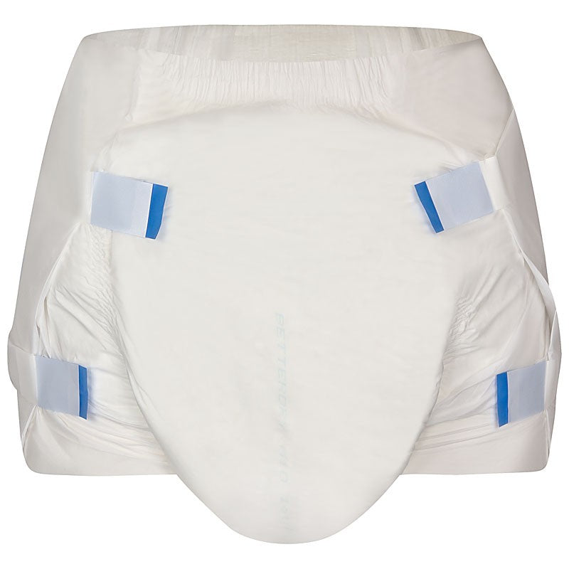 Produktbild der Betterdry M10 Windeln für Erwachsene. Die Windeln sind in weißer Farbe mit einem sanften, texturierten Oberflächenmuster dargestellt. In der oberen linken Ecke ist das Logo von Betterdry sichtbar. Die Windel hat einen breiten, elastischen Bund sowie anatomisch geformte Seitenflügel für optimalen Sitz und Komfort. Die Windeln sind verpackt, um ihre hygienische Unversehrtheit zu gewährleisten.