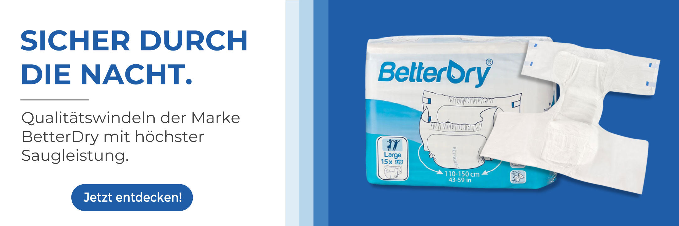 Das Bild zeigt eine ansprechende Produktanzeige für die BetterDry Inkontinenzprodukte. Im Vordergrund sind mehrere Packungen mit stilvollem Design abgebildet, wobei der Fokus auf den verschiedenen Größen und Arten von Inkontinenzunterlagen liegt. Im Hintergrund ist eine sanfte Farbgestaltung zu sehen, die eine angenehme Atmosphäre schafft. Zusätzlich sind erkennbare Textinformationen zu sehen, die die Vorteile der Produkte hervorheben, wie hohe Saugfähigkeit und Komfort.