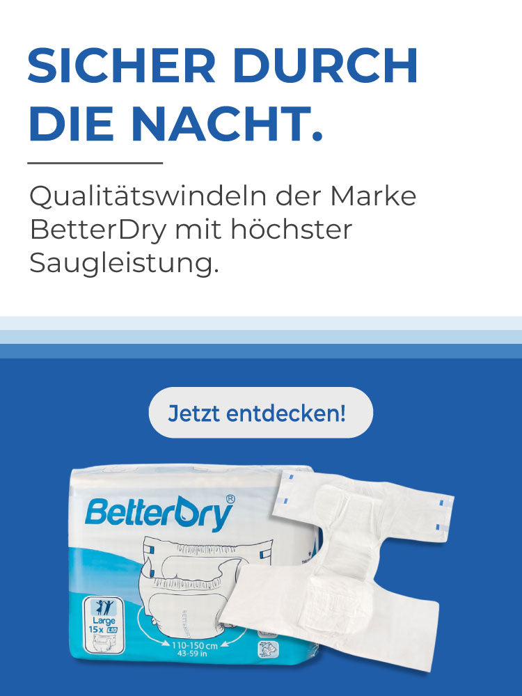 Helles, ansprechendes Banner für das Produkt BetterDry. Im Vordergrund ist die Verpackung der Inkontinenzprodukte abgebildet, die eine moderne, farbenfrohe Gestaltung hat und die Aufschrift "BetterDry" gut lesbar darstellt. Der Hintergrund ist in sanften Farben gehalten, was dem Bild eine frische und einladende Atmosphäre verleiht.