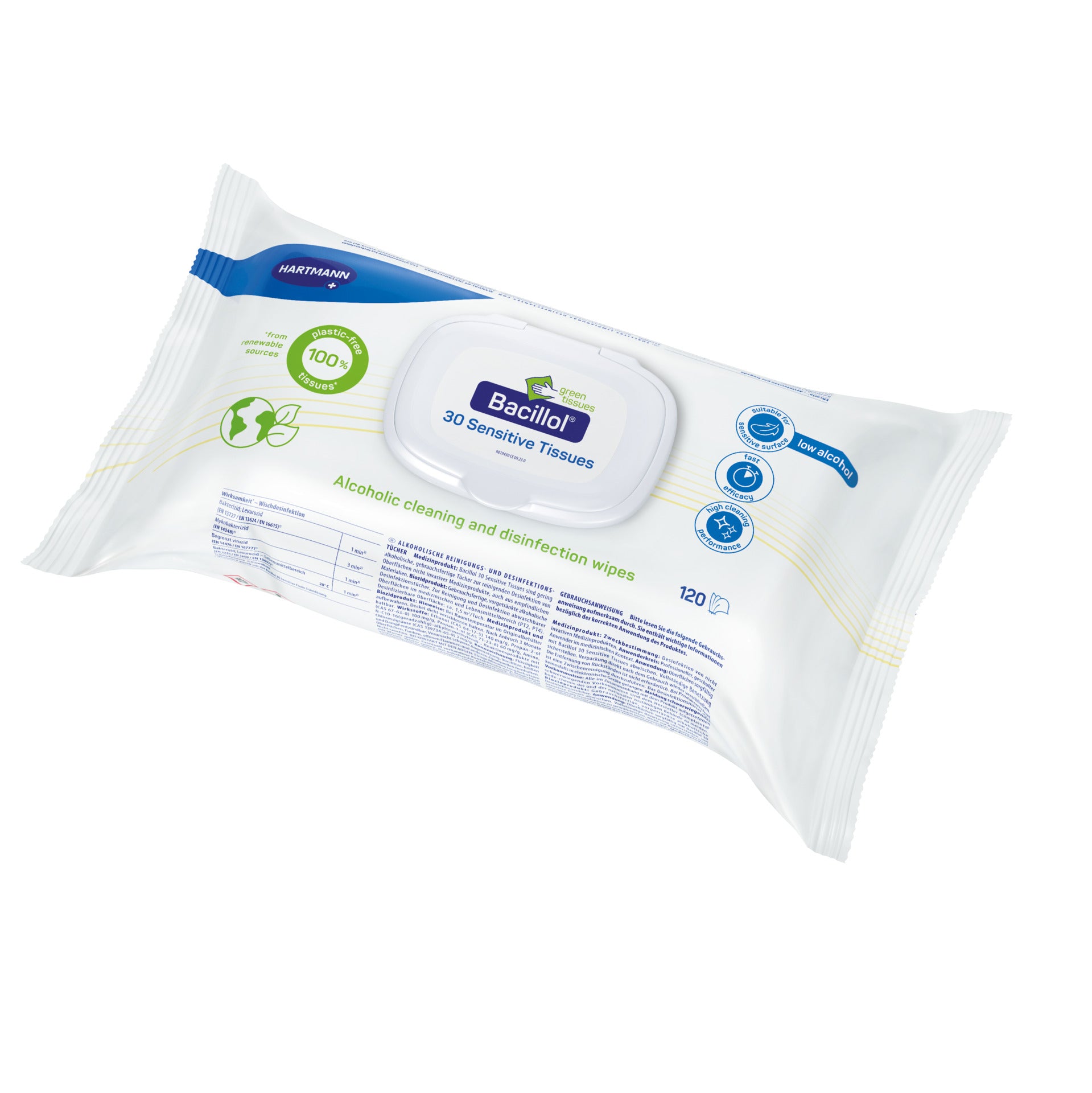 Großaufnahme einer Packung Bode Bacillol 30 Sensitive Green Tissues Desinfektionstücher mit 120 Stück