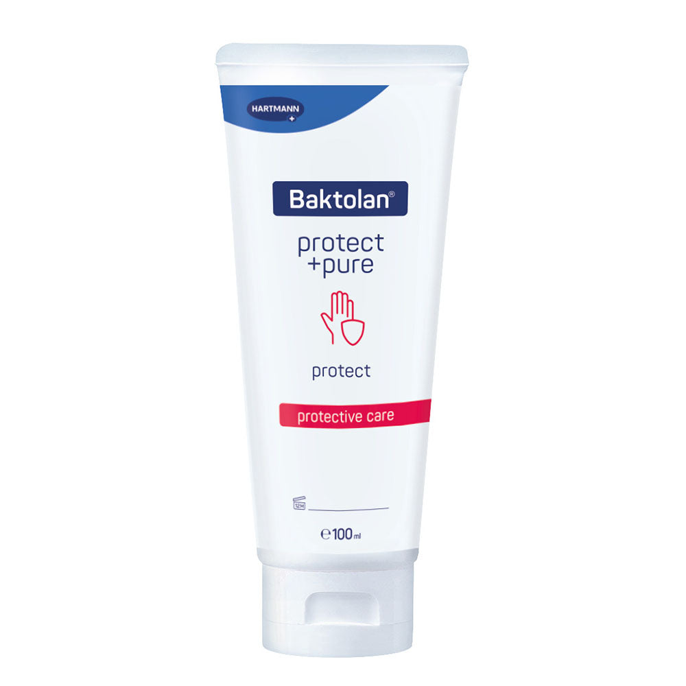 Bild eines Produktes namens "Bode Baktolan Protect Pure Hautschutzcreme". Die Verpackung ist eine weiße Tube mit grünen und blauen Akzenten. Der Markenname "Bode" ist oben in blauen Buchstaben abgebildet, gefolgt von der Produktbezeichnung "Baktolan Protect Pure" in grüner Schrift. Darunter steht "Hautschutzcreme" in kleinerer Schrift. Die Tube hat eine praktische Öffnung, die eine einfache Dosierung ermöglicht.