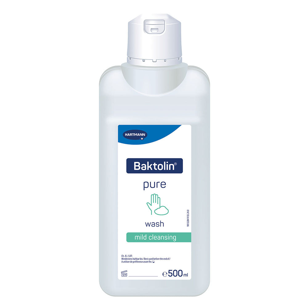 Bild einer 1-Liter-Flasche BODE Baktolin Pure Wasch-Lotion. Die Flasche hat eine klare, schlanke Form und ist aus transparentem Kunststoff gefertigt. Auf der Vorderseite befindet sich ein etikett mit dem Produktnamen "Baktolin Pure" in großer, gut lesbarer Schrift. Es gibt Hinweise zur Anwendung und eine Inhaltsstoffliste. Der Deckel ist pumpbar und hat eine hygienische Dispensingfunktion. Der Hintergrund ist neutral und hell, wodurch die Flasche und das Etikett deutlich zur Geltung kommen.